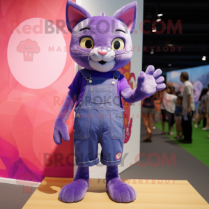 Purple Cat mascot costume character dressed with a Denim Shorts and Shoe laces