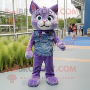 Purple Cat mascot costume character dressed with a Denim Shorts and Shoe laces