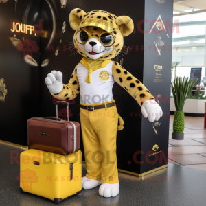 Gold Leopard mascot costume character dressed with a Polo Shirt and Wallets