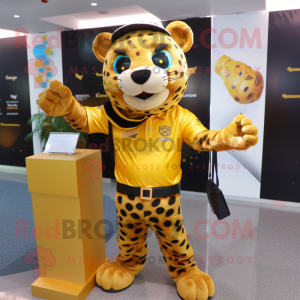 Gold Leopard mascot costume character dressed with a Polo Shirt and Wallets
