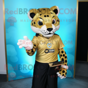 Gold Leopard mascot costume character dressed with a Polo Shirt and Wallets