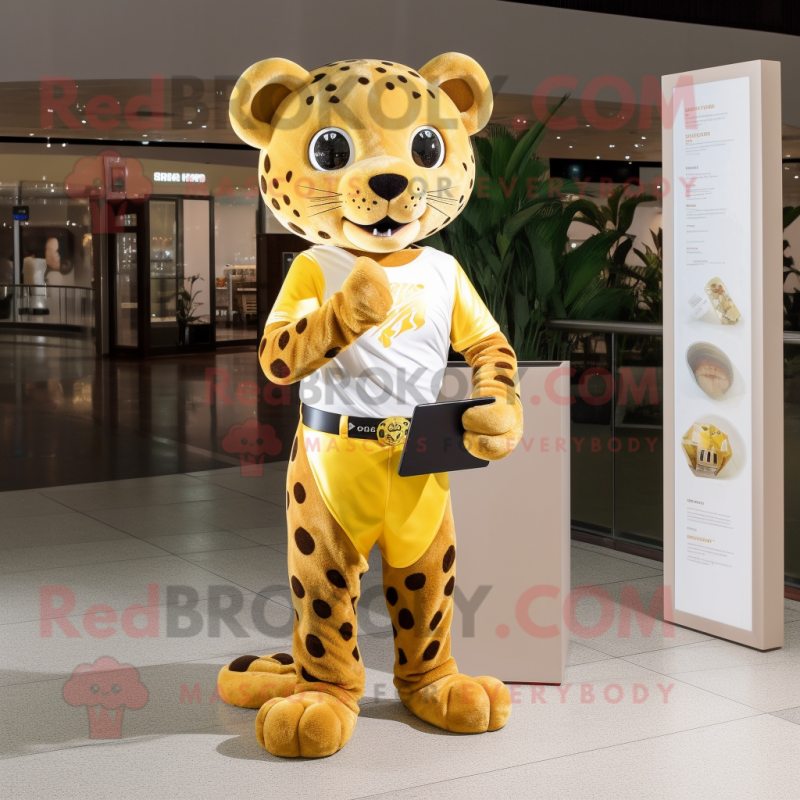 Gold Leopard mascot costume character dressed with a Polo Shirt and Wallets Gold Leopard mascot costume character dressed with a Polo Shirt and Wallets