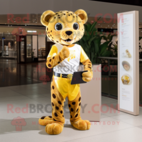 Gold Leopard mascot costume character dressed with a Polo Shirt and Wallets