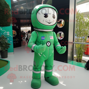 Forest Green Astronaut mascot costume character dressed with a Overalls and Smartwatches
