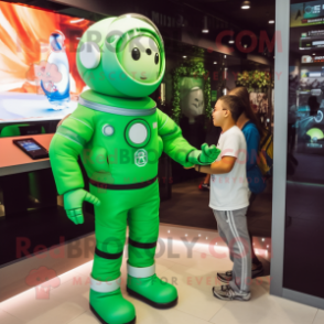 Forest Green Astronaut mascot costume character dressed with a Overalls and Smartwatches