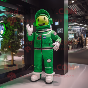 Forest Green Astronaut mascot costume character dressed with a Overalls and Smartwatches