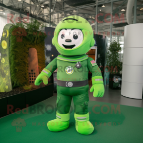 Forest Green Astronaut mascot costume character dressed with a Overalls and Smartwatches