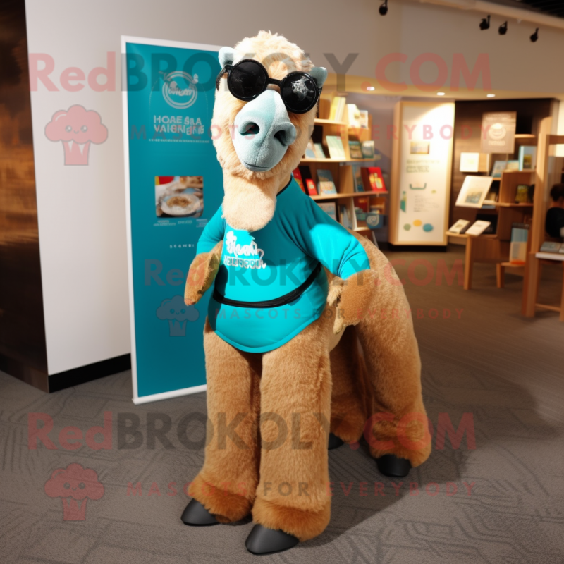 Teal Camel mascot costume character dressed with a Graphic Tee and Eyeglasses