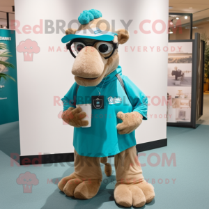 Teal Camel mascot costume character dressed with a Graphic Tee and Eyeglasses