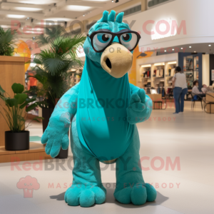Teal Camel mascot costume character dressed with a Graphic Tee and Eyeglasses