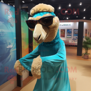 Teal Camel mascot costume character dressed with a Graphic Tee and Eyeglasses