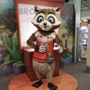 Rust Raccoon mascot costume character dressed with a Pencil Skirt and Necklaces