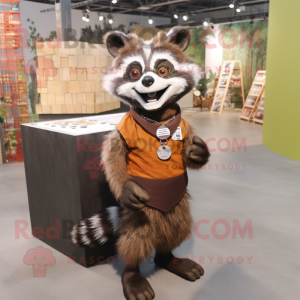 Rust Raccoon mascot costume character dressed with a Pencil Skirt and Necklaces