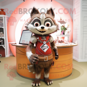 Rust Raccoon mascot costume character dressed with a Pencil Skirt and Necklaces