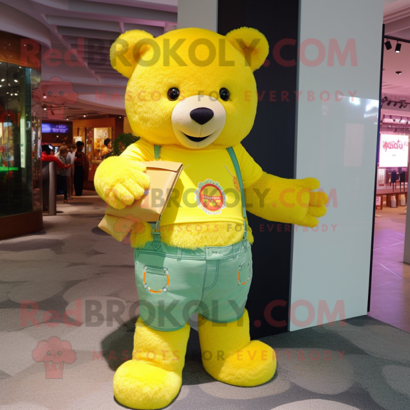 Lemon Yellow Bear mascot costume character dressed with a Flare Jeans and Wallets Lemon Yellow Bear mascot costume character dressed with a Flare Jeans and Wallets