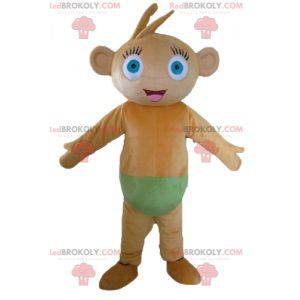 Brun abe-maskot med blå øjne med grønne underbukser -