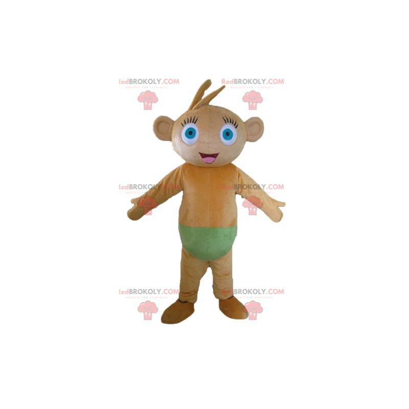 Brun abe-maskot med blå øjne med grønne underbukser -
