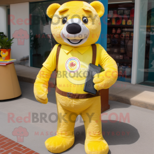 Lemon Yellow Bear mascot costume character dressed with a Flare Jeans and Wallets