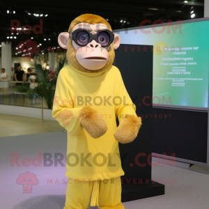 Yellow Chimpanzee mascot costume character dressed with a Evening Gown and Eyeglasses