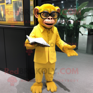 Yellow Chimpanzee mascot costume character dressed with a Evening Gown and Eyeglasses