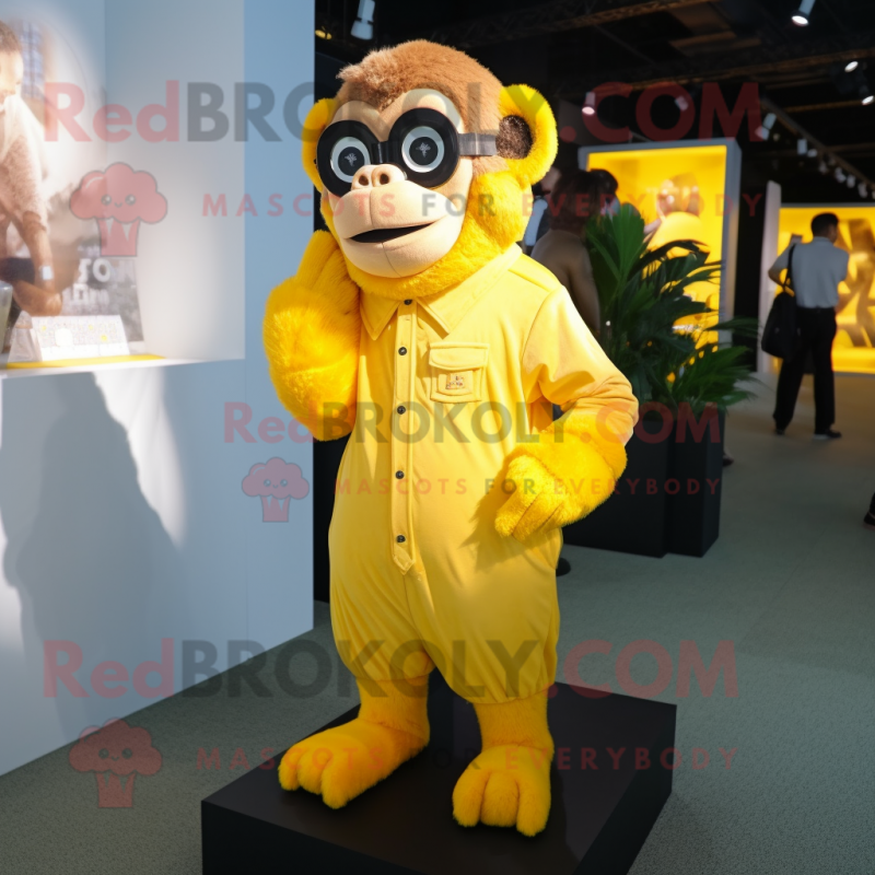 Yellow Chimpanzee mascot costume character dressed with a Evening Gown and Eyeglasses