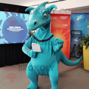 Cyan Parasaurolophus mascot costume character dressed with a Long Sleeve Tee and Cummerbunds