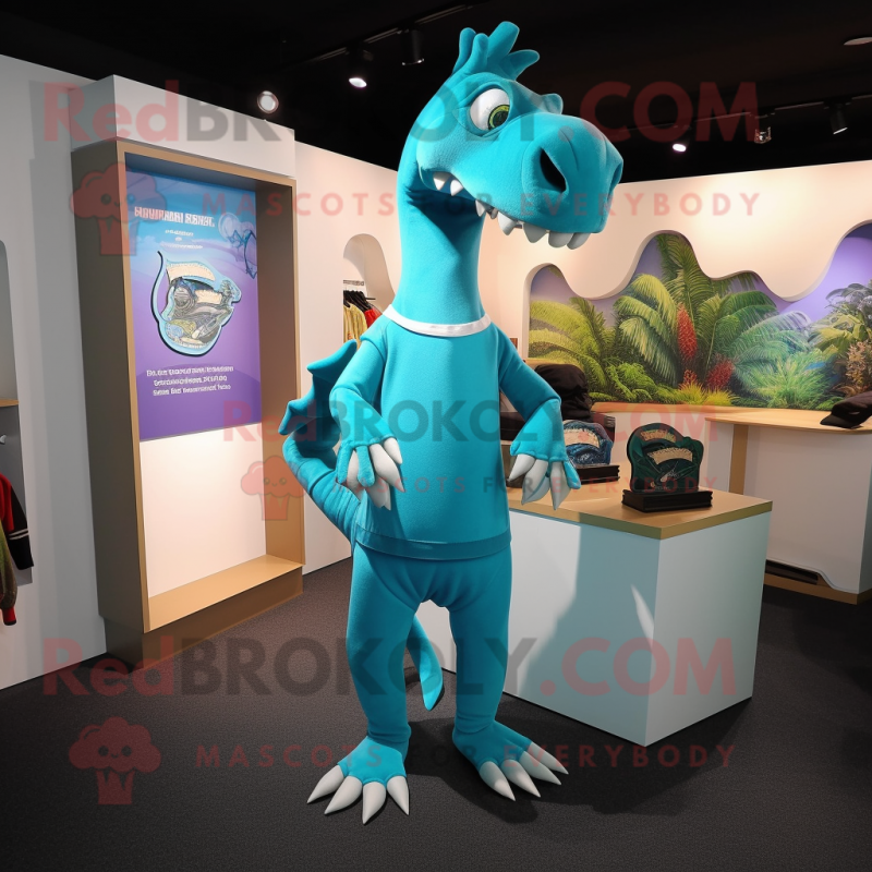 Cyan Parasaurolophus mascot costume character dressed with a Long Sleeve Tee and Cummerbunds Cyan Parasaurolophus mascot costume character dressed with a Long Sleeve Tee and Cummerbunds