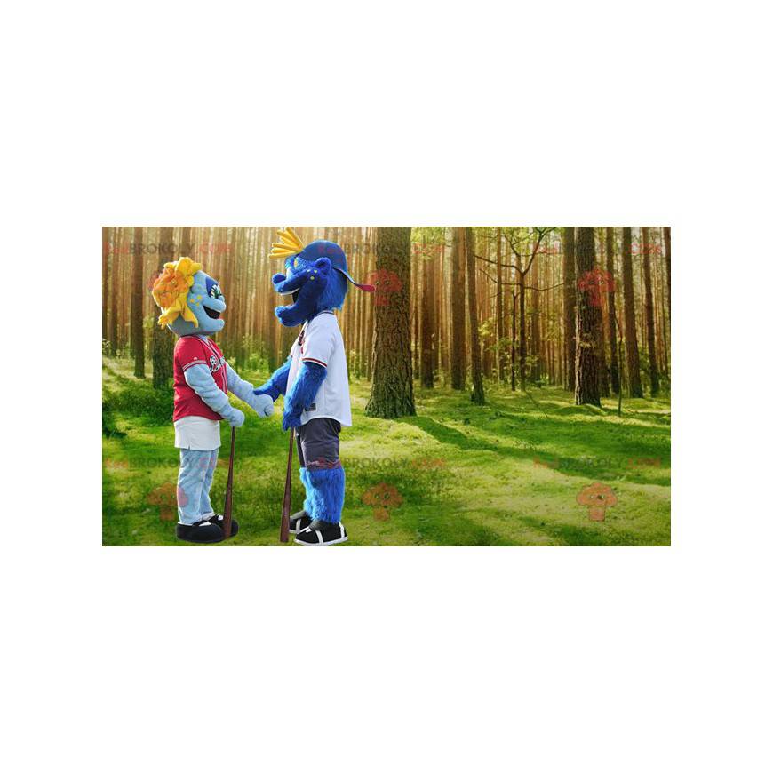 2 mascottes de bonhomme bleu en tenue de sport - Redbrokoly.com