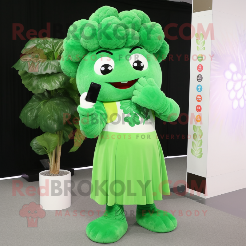 Forest Green Cauliflower mascot costume character dressed with a Maxi Dress and Smartwatches