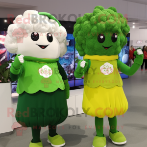Forest Green Cauliflower mascot costume character dressed with a Maxi Dress and Smartwatches