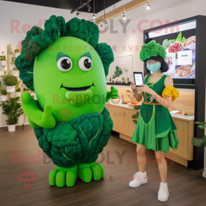 Forest Green Cauliflower mascot costume character dressed with a Maxi Dress and Smartwatches