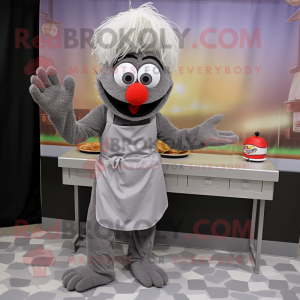 Gray Jambalaya mascot costume character dressed with a Midi Dress and Gloves