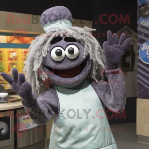 Gray Jambalaya mascot costume character dressed with a Midi Dress and Gloves