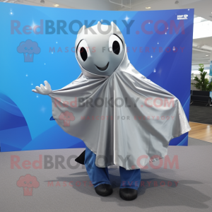 Silver Manta Ray mascot costume character dressed with a Poplin Shirt and Scarves