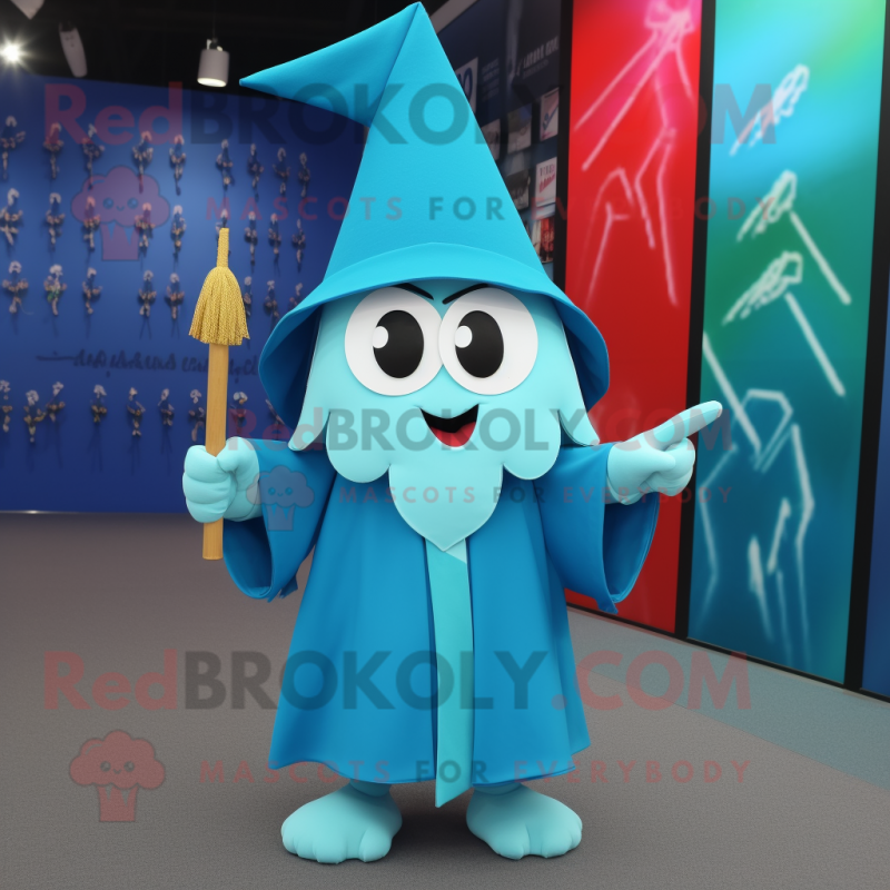 Cyan Wizard mascot costume character dressed with a Mini Dress and Tie pins