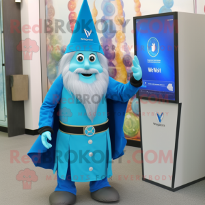 Cyan Wizard mascot costume character dressed with a Mini Dress and Tie pins