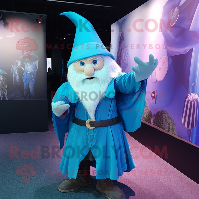 Cyan Wizard mascot costume character dressed with a Mini Dress and Tie pins