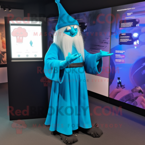 Cyan Wizard mascot costume character dressed with a Mini Dress and Tie pins