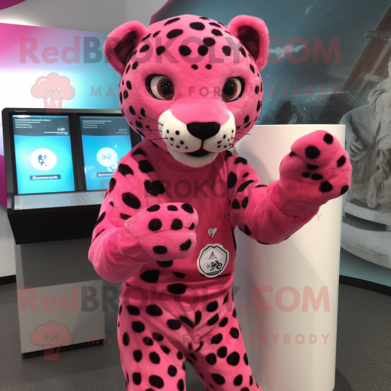 Pink Leopard mascot costume character dressed with a Rash Guard and Mittens