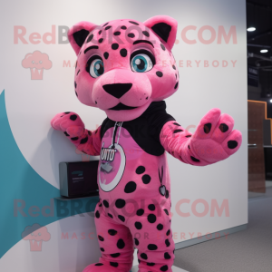 Pink Leopard mascot costume character dressed with a Rash Guard and Mittens