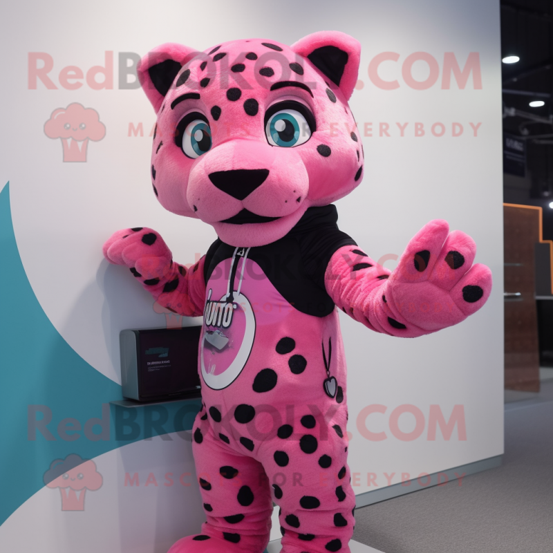 Pink Leopard mascot costume character dressed with a Rash Guard and Mittens