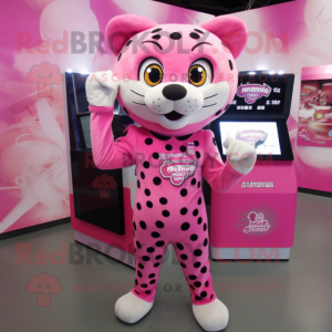 Pink Leopard mascot costume character dressed with a Rash Guard and Mittens