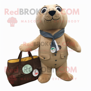 Tan Seal mascot costume character dressed with a Jeans and Clutch bags
