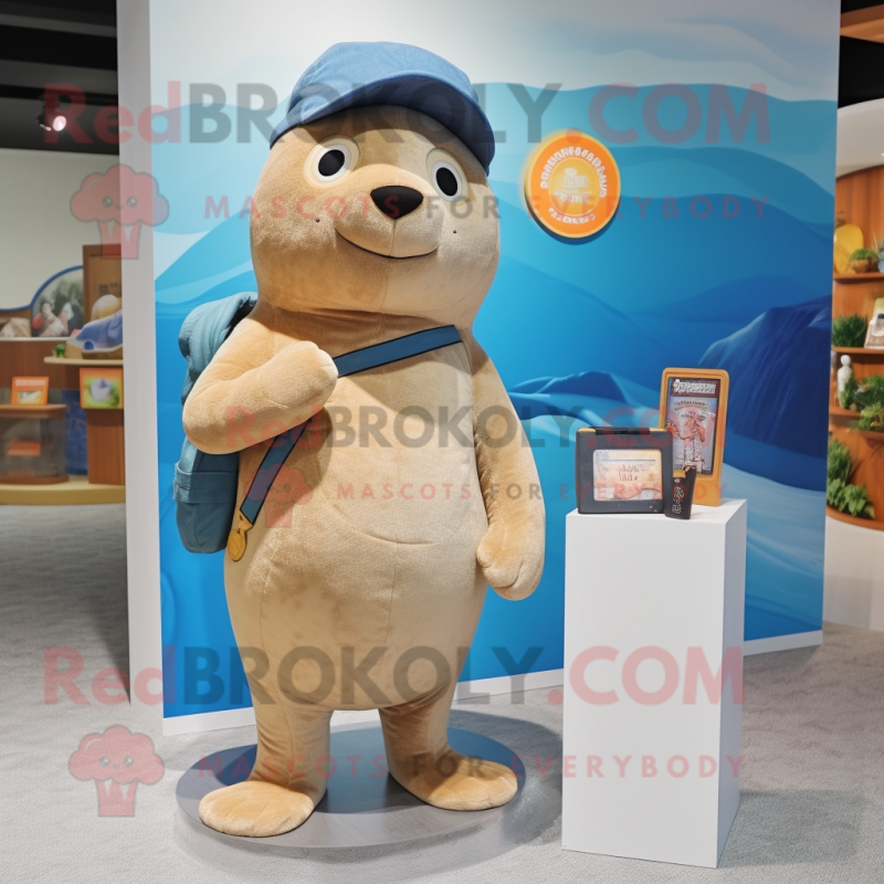 Tan Seal mascot costume character dressed with a Jeans and Clutch bags