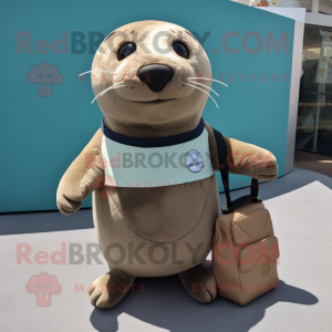 Tan Seal mascot costume character dressed with a Jeans and Clutch bags