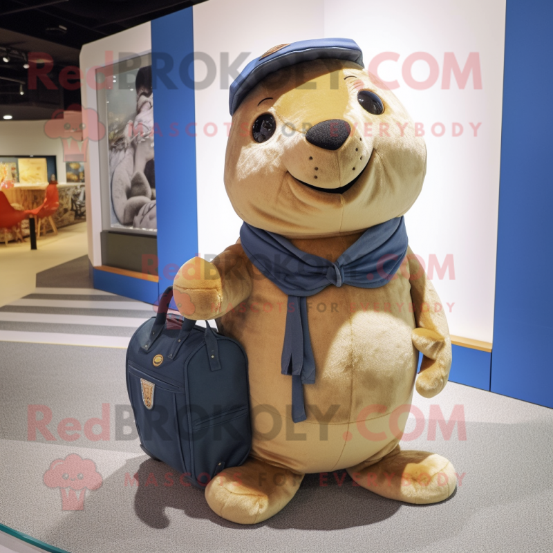 Tan Seal mascot costume character dressed with a Jeans and Clutch bags