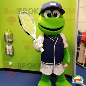 Forest Green Tennis Racket mascot costume character dressed with a Baseball Tee and Mittens