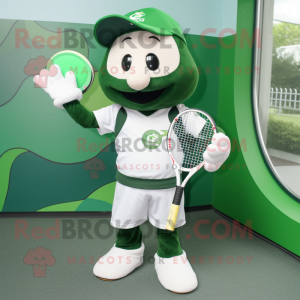 Forest Green Tennis Racket mascot costume character dressed with a Baseball Tee and Mittens