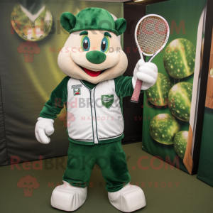 Forest Green Tennis Racket mascot costume character dressed with a Baseball Tee and Mittens