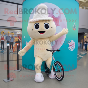 Cream Unicyclist mascot costume character dressed with a Bikini and Mittens